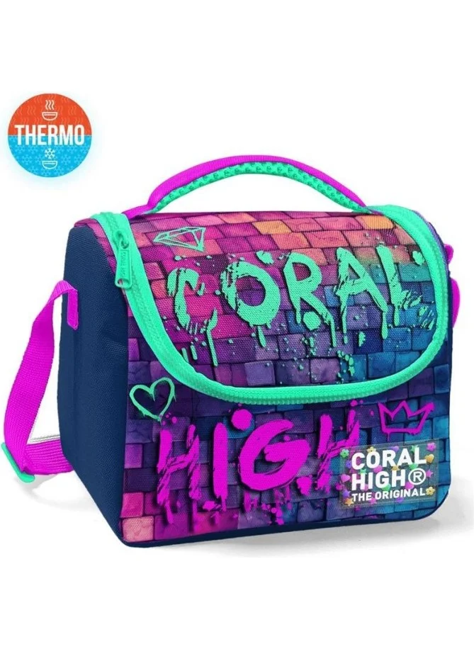 CORAL HIGH Pink Navy Blue Graffiti Written Thermo Lunchbox 11769