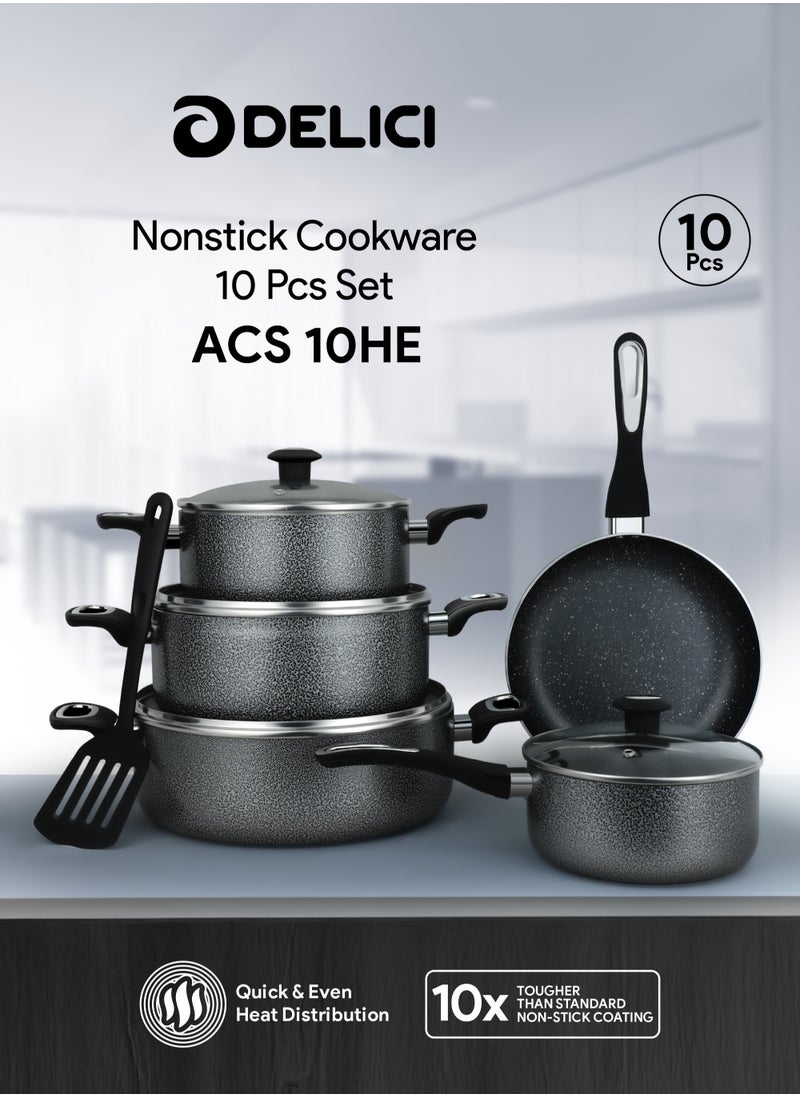 DELICI 10-Piece Superior Aluminium Cookware Set - Non-Stick Granite Gray Interior, Glass Lids, Heat-Resistant Handles, Eco-Friendly, Dishwasher Safe (ACS10HE)  - Image 1