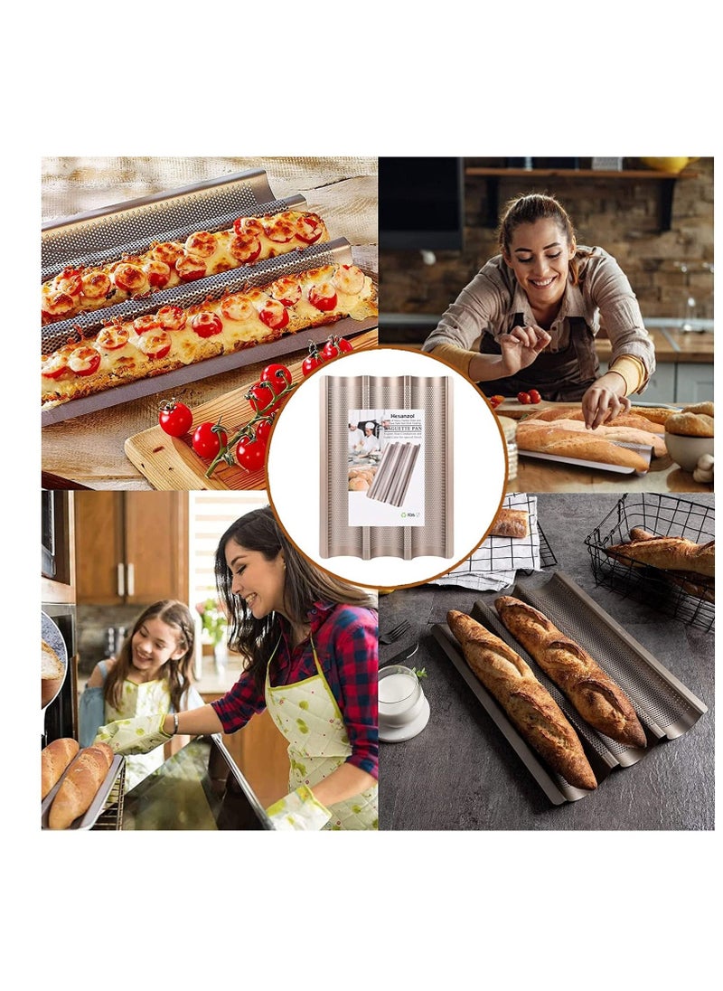 Baguette Pans for Baking, Carbon Steel 3 Loaf Nonstick Baking Tray French u0026 Italian Perforated Bread Pan Non-Stick - Image 5