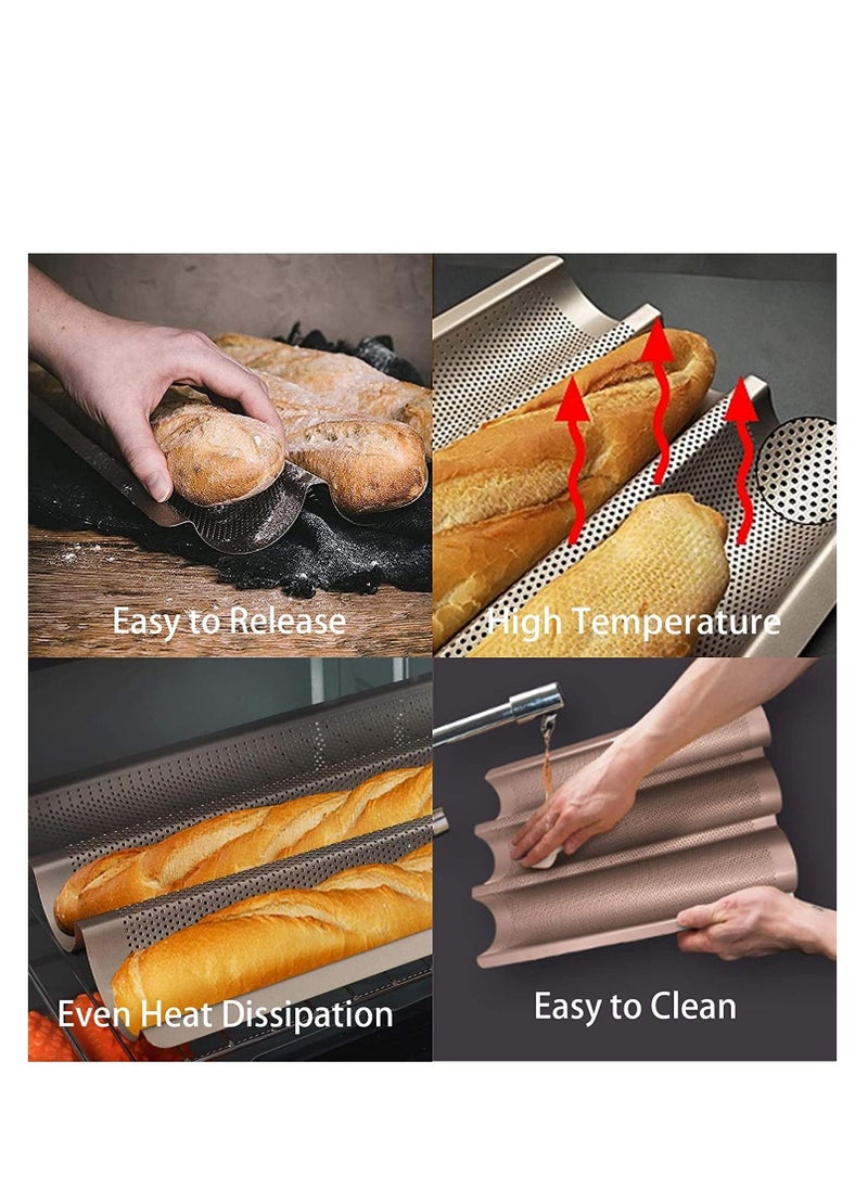 Baguette Pans for Baking, Carbon Steel 3 Loaf Nonstick Baking Tray French u0026 Italian Perforated Bread Pan Non-Stick - Image 3