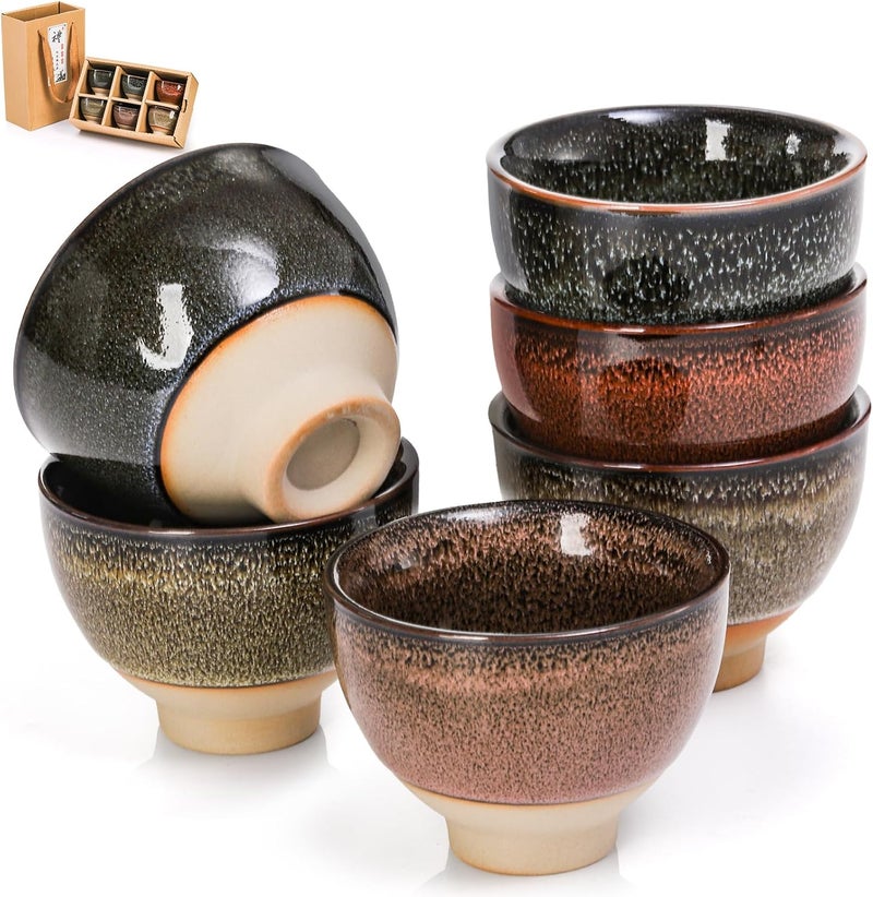 Eorbow 6 Pack 2oz Ceramic Tea Sake Cups, Handcrafted Chinese Kungfu Tea Cup, Japanese Sake Cup Set, Small Tea Cup for Soju Shot, Matcha, Saki, Asian Tea Accessories, 6 Colors - Image 1
