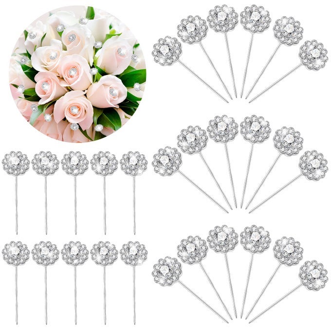 36 PACK DIAMOND PINS FOR BOUQUETS FLOWER DIAMOND HEAD CORSAGE BOUTONNIERE PINS RHINESTONE CRYSTAL FLORAL FOR WEDDING BRIDAL FLOWERGLITTER STYLE