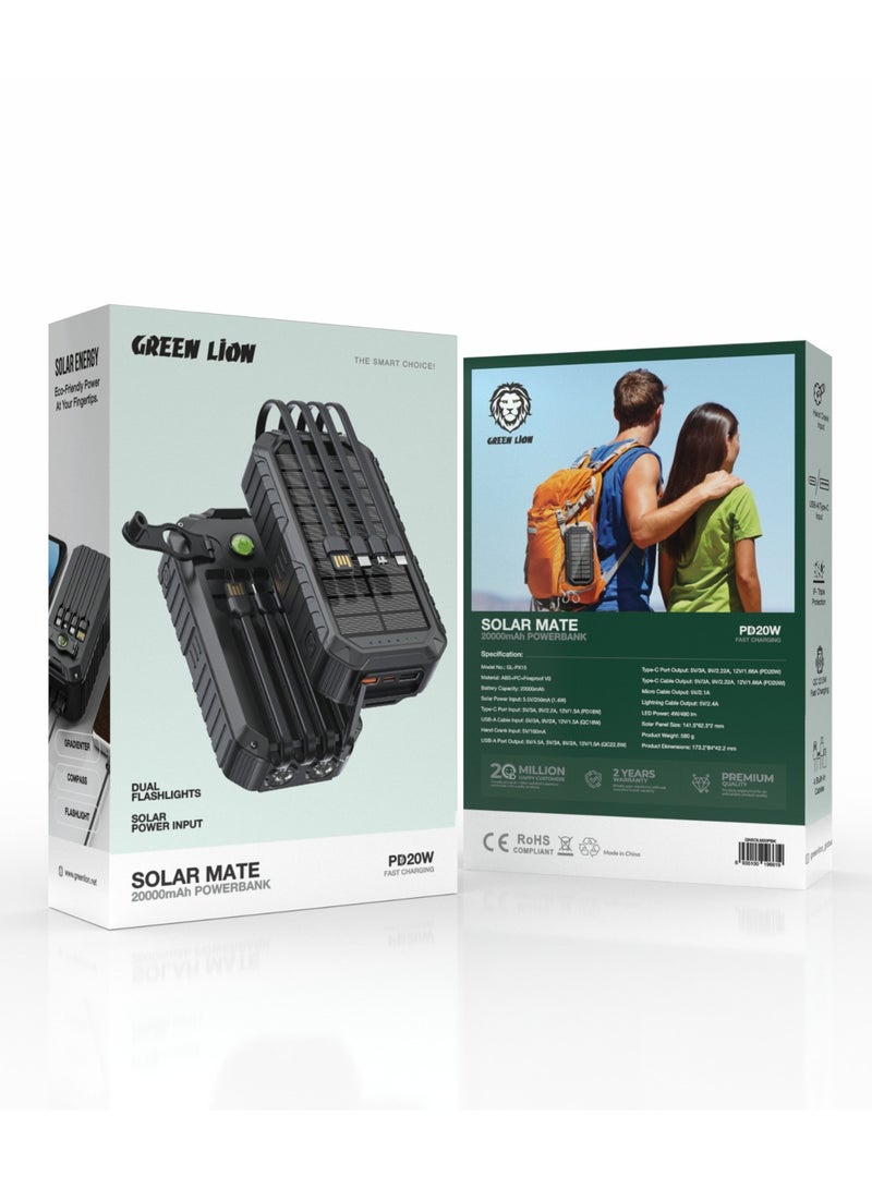 GREEN LION Solar Mate Power Bank 20000mAh with 4 Intergrated Cables / Dual Flashlights / Compass / Solar Charging / Hand Crank / Hiking / Camping / Durable and Portable - Black - Image 4