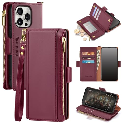 Antsturdy Compatible with iPhone 16 Pro Wallet CaseRFID Blocking PU Leather Phone Case Women Men Kickstand Flip Cover Wrist Strap Zipper Credit Card Holder Slots for Apple 16 Pro 63Wine Red - Image 1