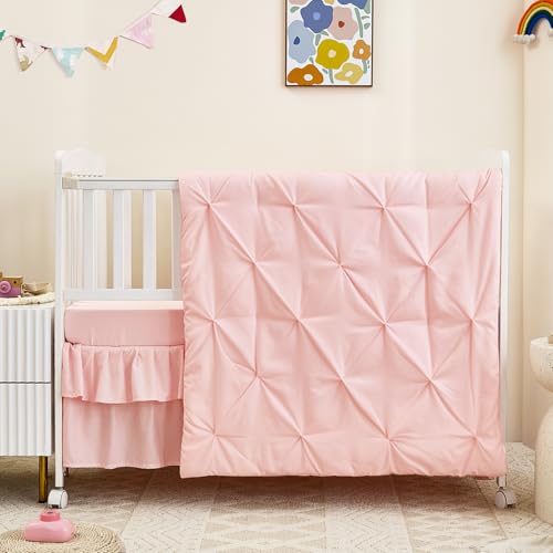 NacoMoco 3-Piece Pink Crib Bedding Set for Girls - Ultra Soft & Skin Friendly Baby Girl Bedding Crib Set Includes Crib Comforter, Sheet & Skirt (Light Pink) - Image 3