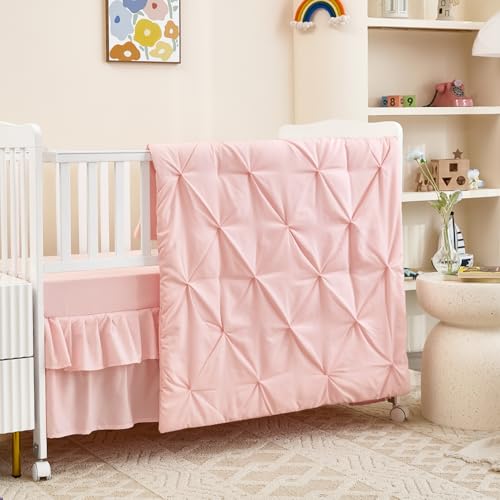NacoMoco 3-Piece Pink Crib Bedding Set for Girls - Ultra Soft & Skin Friendly Baby Girl Bedding Crib Set Includes Crib Comforter, Sheet & Skirt (Light Pink) - Image 1