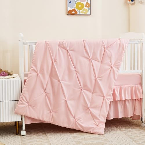 NacoMoco 3-Piece Pink Crib Bedding Set for Girls - Ultra Soft & Skin Friendly Baby Girl Bedding Crib Set Includes Crib Comforter, Sheet & Skirt (Light Pink) - Image 2