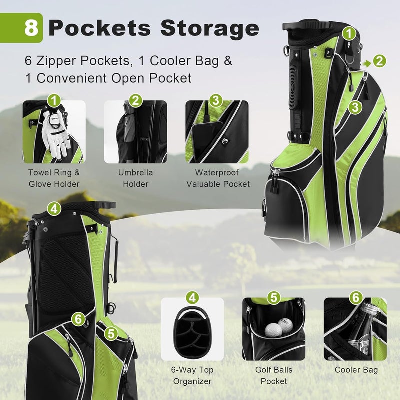 GYMAX Golf Stand Bag, 6 Way Divider Golf Club Bag with 8 Pockets, Rain Hood, Umbrella Holder & Glove Sticker, Portable Lightweight Golf Bag for Men Women - Image 2
