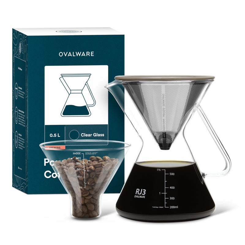 ovalware Pour Over Coffee Maker Set  17oz  05L Borosilicate Carafe with 304 Stainless Steel Filter and Precision Measuring Cup  Glass Coffee Dripper for Home Brewing