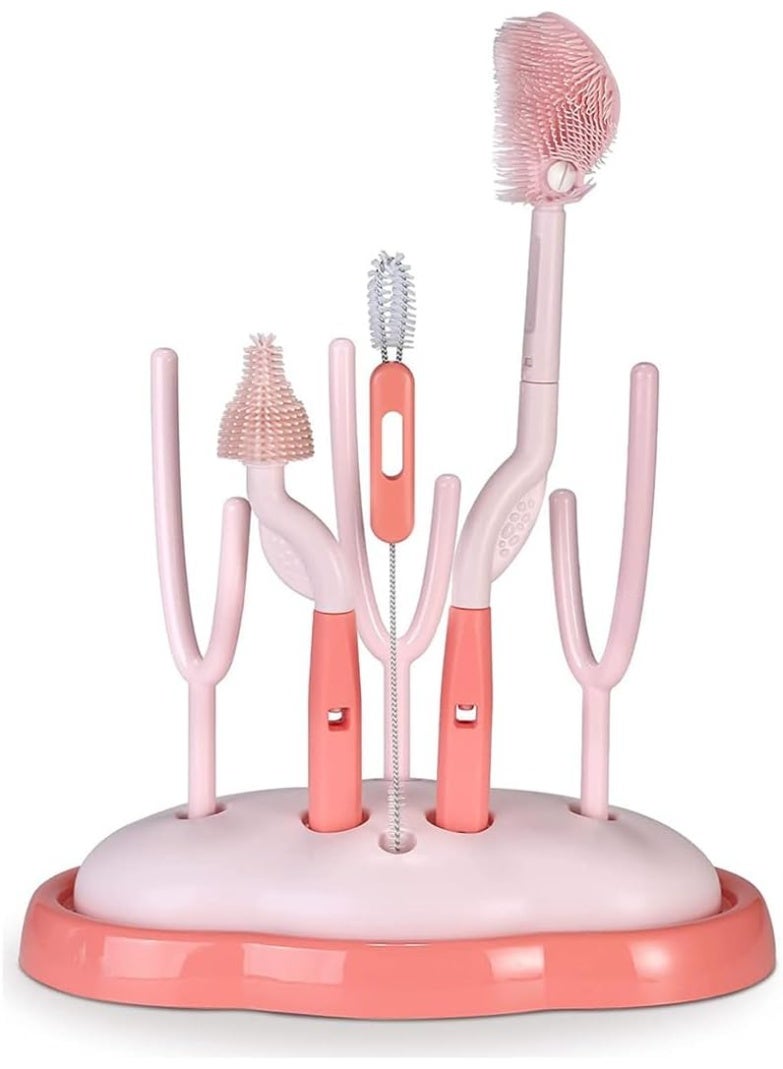 Relex Baby Bottle Brush and Drying Rack, Cleaner Brush Set with Rotating Silicone Bottle Brush, Bottle Drying Rack with Bottle Cleaner Brush & Nipple & Straw Cleaner (Pink) - Image 1