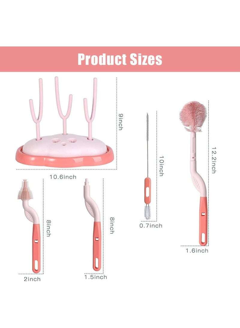 Relex Baby Bottle Brush and Drying Rack, Cleaner Brush Set with Rotating Silicone Bottle Brush, Bottle Drying Rack with Bottle Cleaner Brush & Nipple & Straw Cleaner (Pink) - Image 2