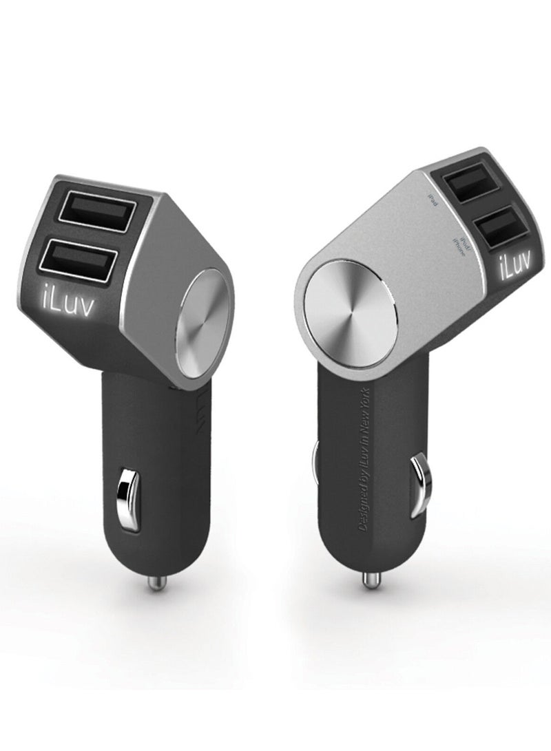 أي لوف شاحن سيارة iLuv بمدخلين USB – شاحن سريع ومزدوج للهواتف والأجهزة الذكية.شاحن سيارة، شاحن USB للسيارة، شاحن سيارة سريع، شاحن مزدوج، iLuv car charger، dual USB car charger، شاحن هاتف للسيارة، شاحن متنقل للسيارة، car USB adapter، شاحن طوارئ للسيارة. - Image 1