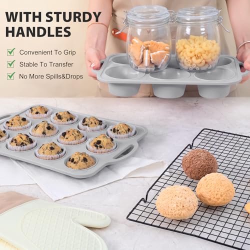 Vnray Jumbo Silicone Muffin Pan with Metal Frame, Non Stick Silicone Cupcake Pan with Handles 6 Cup, BPA Free Silicon Muffin Tin Tray Extra Large for baking, egg bites, Cupcake Mold Light Grey - Image 5