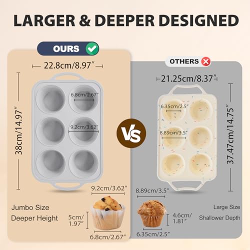 Vnray Jumbo Silicone Muffin Pan with Metal Frame, Non Stick Silicone Cupcake Pan with Handles 6 Cup, BPA Free Silicon Muffin Tin Tray Extra Large for baking, egg bites, Cupcake Mold Light Grey - Image 2