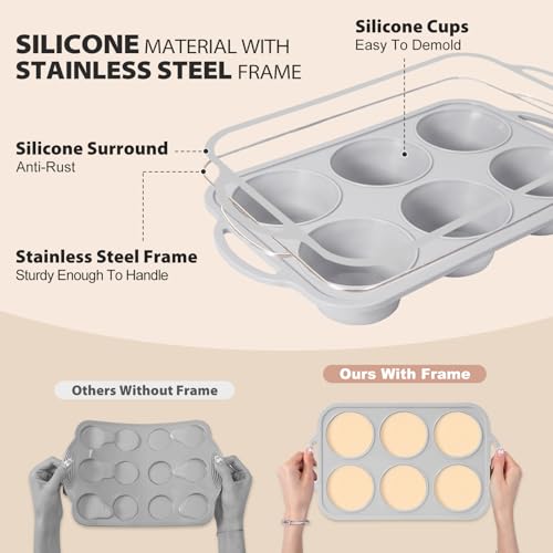 Vnray Jumbo Silicone Muffin Pan with Metal Frame, Non Stick Silicone Cupcake Pan with Handles 6 Cup, BPA Free Silicon Muffin Tin Tray Extra Large for baking, egg bites, Cupcake Mold Light Grey - Image 4