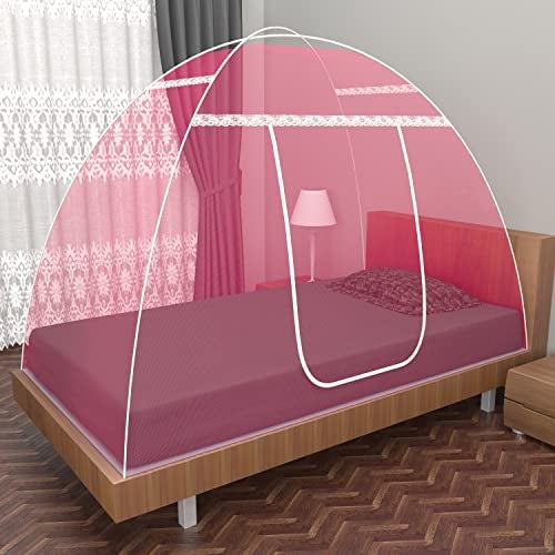 Fegore Mosquito Net for Single Bed Foldable Machardani Lightweight Polyester Material Use One Adults or One Kids with Red Cover (Color - Pink Size - 6.5X4 feet) - Image 1