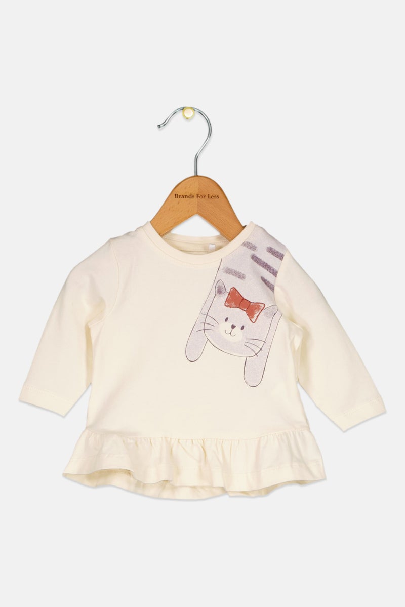 NAME IT بلوزة طويلة الأكمام مطبوعة للأطفال البنات، كريمي - Image 1
