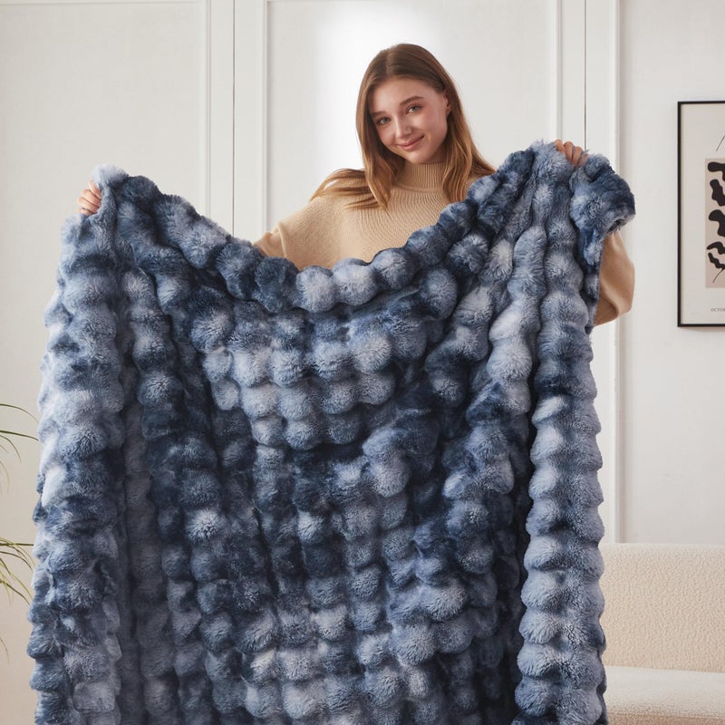 COOVA Faux Fur Throw Blanket for Couch, Cozy Soft and Fuzzy Plush Rabbit Fur Bubble Blanket for Sofa Bedroom Living Room, 50x60 Inches Tie Dye Light Blue - Image 3