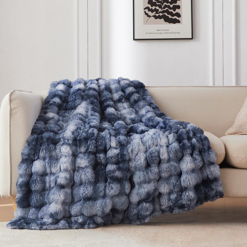 COOVA Faux Fur Throw Blanket for Couch, Cozy Soft and Fuzzy Plush Rabbit Fur Bubble Blanket for Sofa Bedroom Living Room, 50x60 Inches Tie Dye Light Blue - Image 1