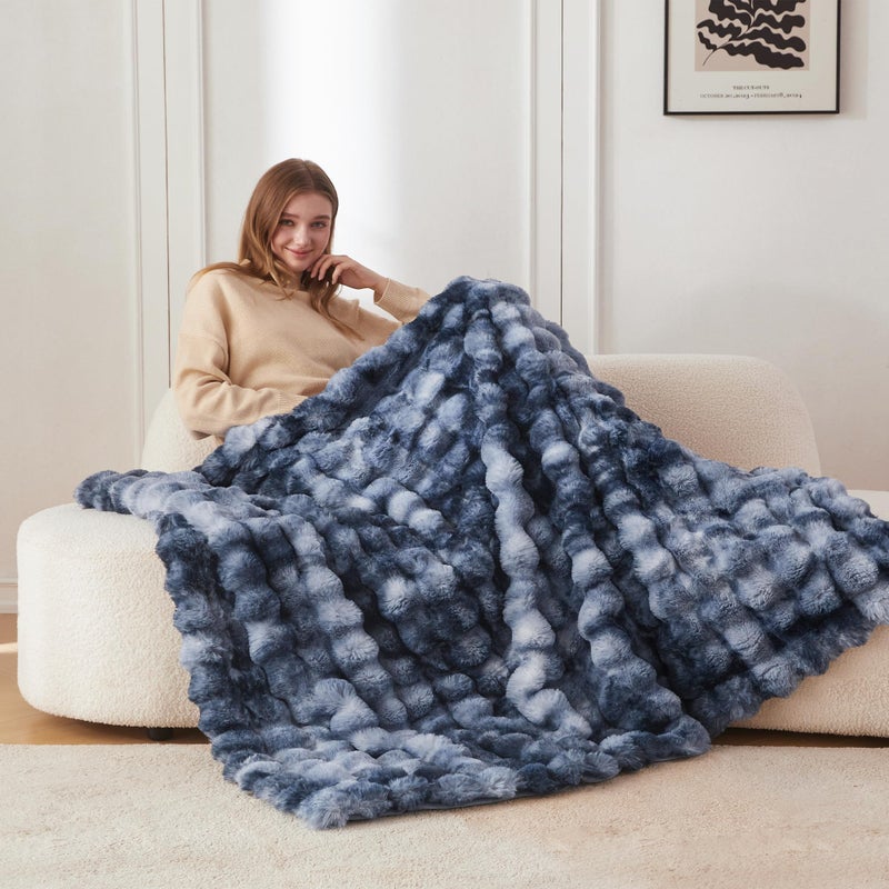 COOVA Faux Fur Throw Blanket for Couch, Cozy Soft and Fuzzy Plush Rabbit Fur Bubble Blanket for Sofa Bedroom Living Room, 50x60 Inches Tie Dye Light Blue - Image 2