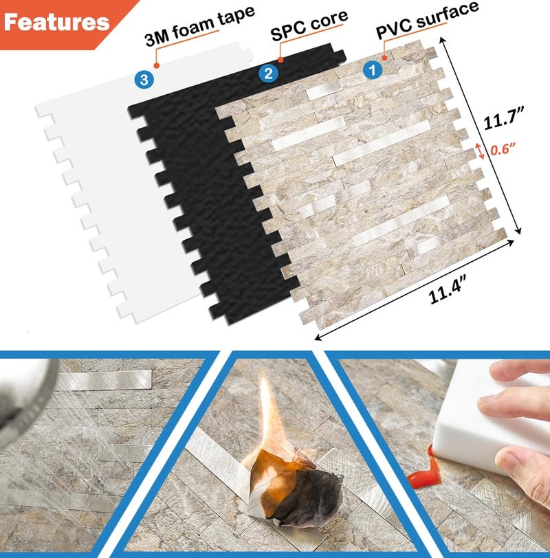 DICOFUN 10-Sheet Peel and Stick Backsplash Wall Tile, PVC Kitchen Backsplash Peel and Stick in Sandstone, 9.4 sq.ft - Image 4