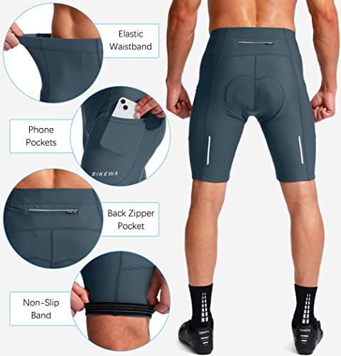 Bikewa شورتات دراجات للرجال مع وسادة 3D للدراجات الهوائية على الطرقات وركوب الجبال مع جيوب بسحاب (أزرق رمادي، L) - Image 5