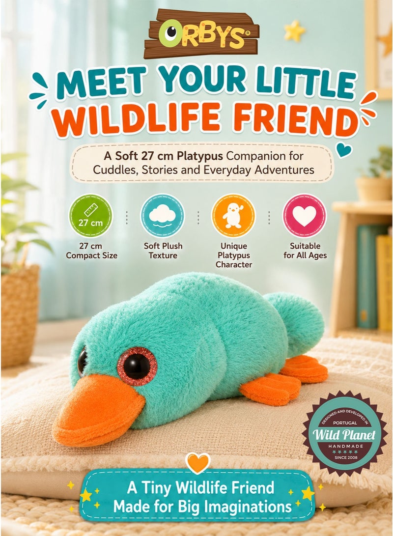 Wild Planet Orbys Platypus Plush Toy 27 cm, Soft Turquoise Stuffed Wildlife Animal with Bright Orange Bill, Sparkling Coral Character Eyes and Compact Rounded Cuddle Shape, Unique Platypus-Inspired Companion for Babies, Kids, Storytelling, Imaginative Play, Wildlife Learning, Birthdays and Everyday Gifting - Image 1