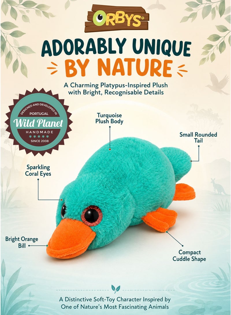 Wild Planet Orbys Platypus Plush Toy 27 cm, Soft Turquoise Stuffed Wildlife Animal with Bright Orange Bill, Sparkling Coral Character Eyes and Compact Rounded Cuddle Shape, Unique Platypus-Inspired Companion for Babies, Kids, Storytelling, Imaginative Play, Wildlife Learning, Birthdays and Everyday Gifting - Image 2