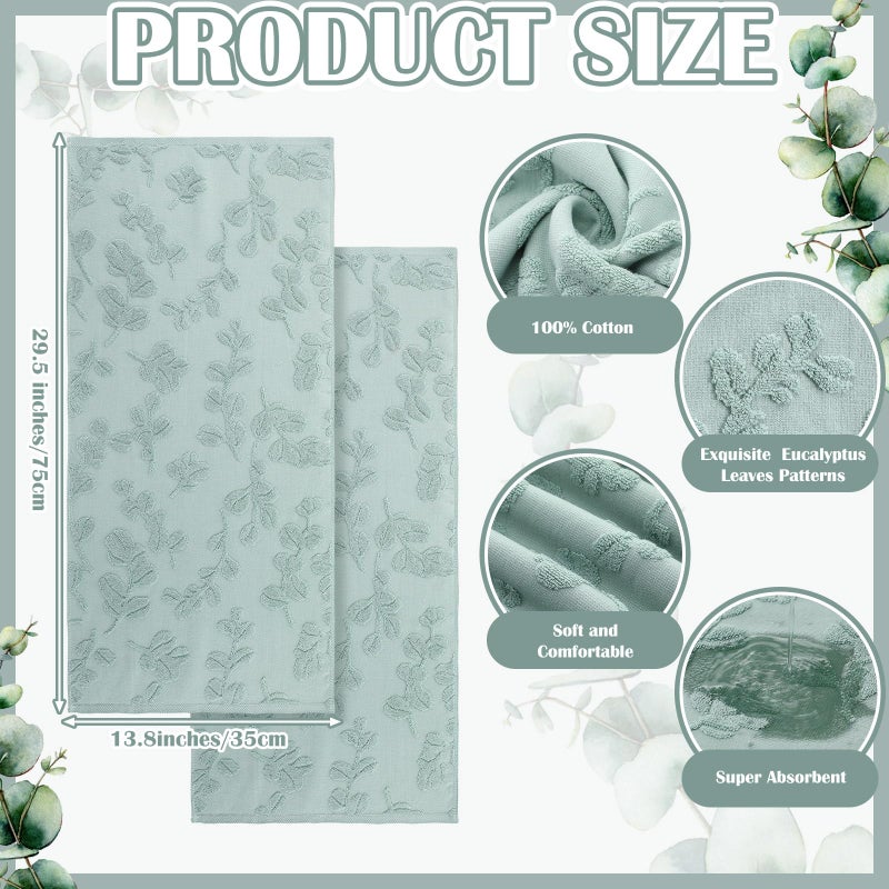 SmoothNovelty 2Pcs Eucalyptus Leaves Hand Towels for Bathroom 100% Cotton Jacquard Weave Bath Towel Set Absorbent Dish Washcloth for Bathroom Kitchen Summer Theme Gifts 13.8 x 29.5 Inch (Sage Green) - Image 2