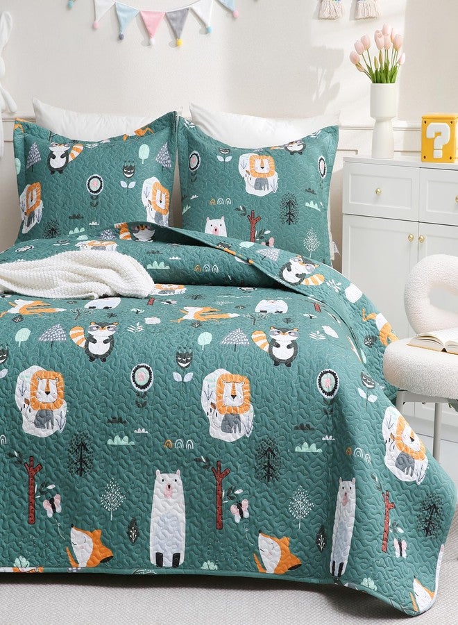 JSD Green Forest Animal Kids Quilt Set Full/Queen, Boys Girls Printed Bedspread Coverlet with Pillow Shams, Soft Lightweight Summer Quilted Blanket - Image 1