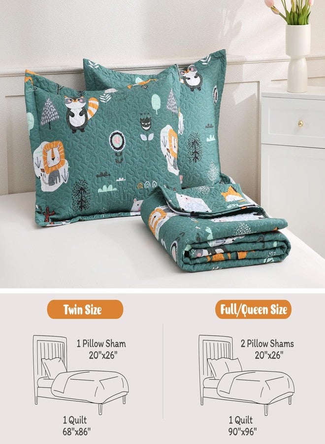 JSD Green Forest Animal Kids Quilt Set Full/Queen, Boys Girls Printed Bedspread Coverlet with Pillow Shams, Soft Lightweight Summer Quilted Blanket - Image 2