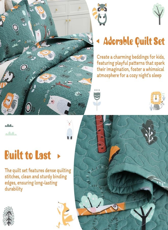 JSD Green Forest Animal Kids Quilt Set Full/Queen, Boys Girls Printed Bedspread Coverlet with Pillow Shams, Soft Lightweight Summer Quilted Blanket - Image 3