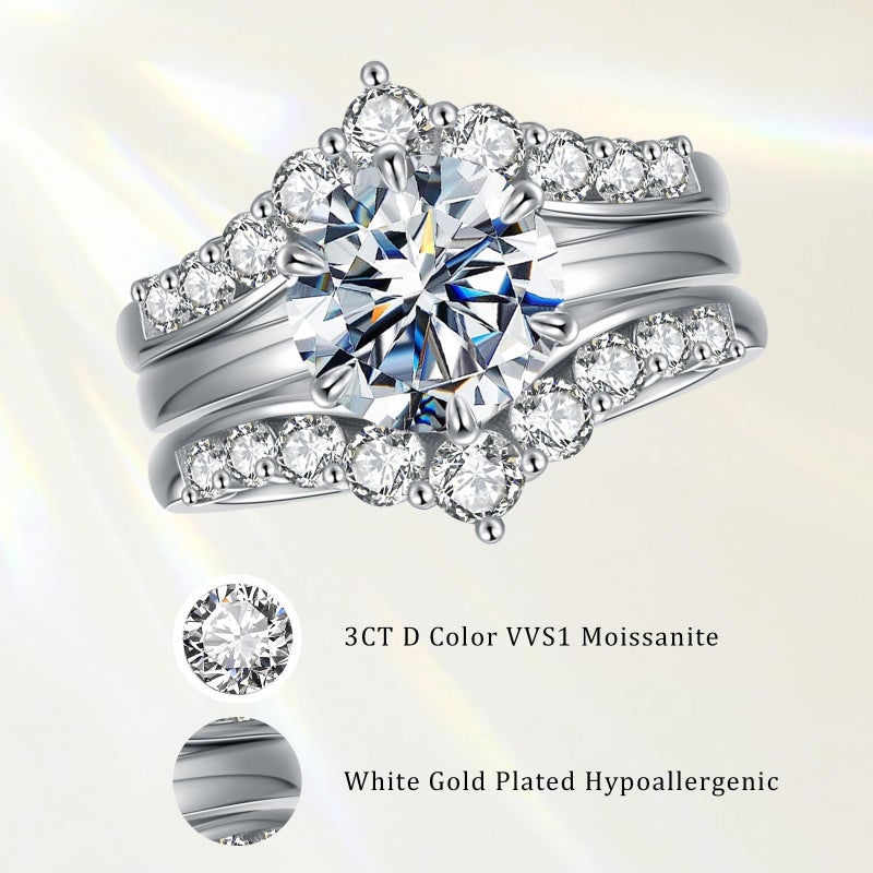 LOIPURI Moissanite Wedding Bridal Ring Set for Women, 3CT Round Cut D Color VVS1, Engagement Ring Guard Enhancer, Anniversary Promise Gift for Her with Certificate, Size 7 - Image 2