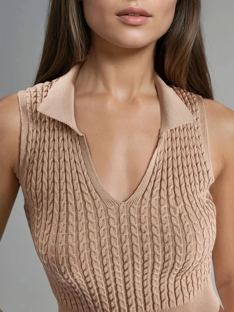 My Fashion Camel Brown MY FASHION Cable Knit V Neck Sweater for Women | Best Price UAE