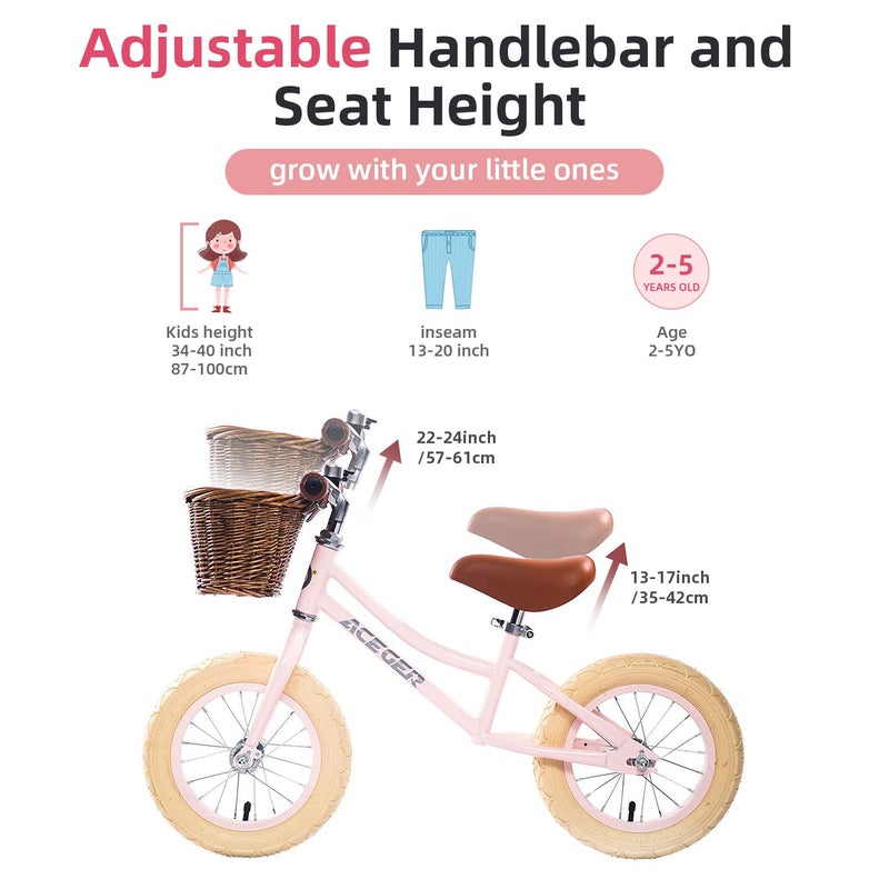 ACEGER 12" Kids Balance Bike with Basket, No Pedal Toddler Bicycle for Early Learning Leg Strength and Steady Balancing, Durable Frame&Tool-Free Adjustable Seat, Gift Bike for 2-5 Kids - Image 4