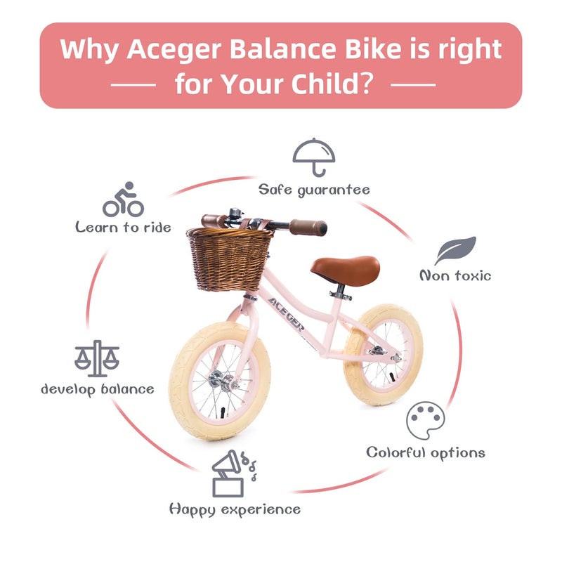 ACEGER 12" Kids Balance Bike with Basket, No Pedal Toddler Bicycle for Early Learning Leg Strength and Steady Balancing, Durable Frame&Tool-Free Adjustable Seat, Gift Bike for 2-5 Kids - Image 3