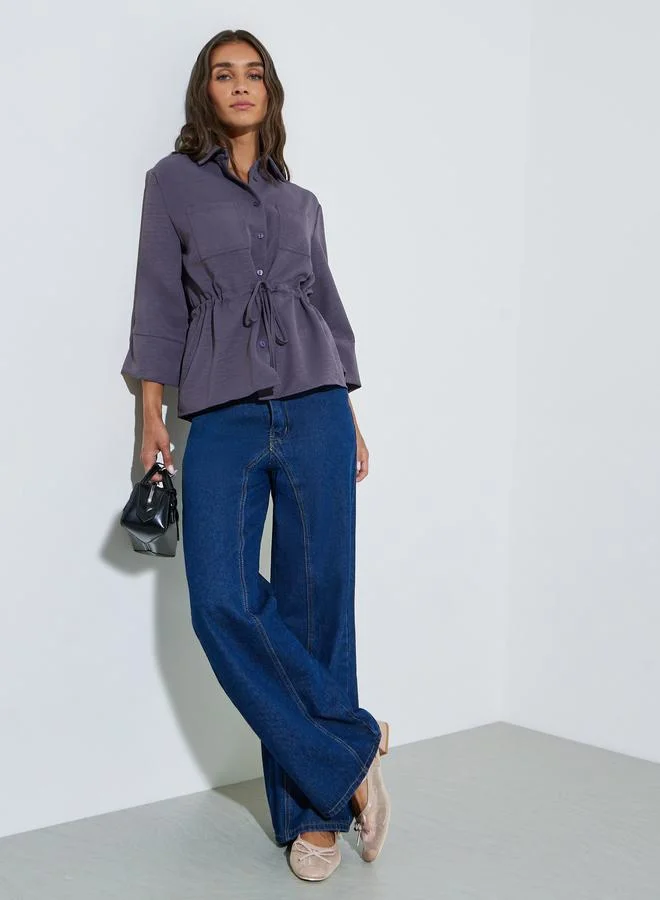 ستايلي Purple Drawstring Waist Pocket Detail Relaxed Fit Shirt