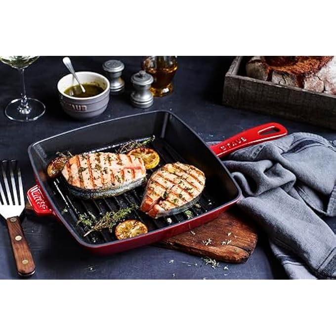 STAUB American Square Grill Pan 26Cm Cherry Cast Iron Material Black Matt Enamel Interior High Grilling Stripes For All Hob Types Incl Induction Ovensafe Made In France - Image 5