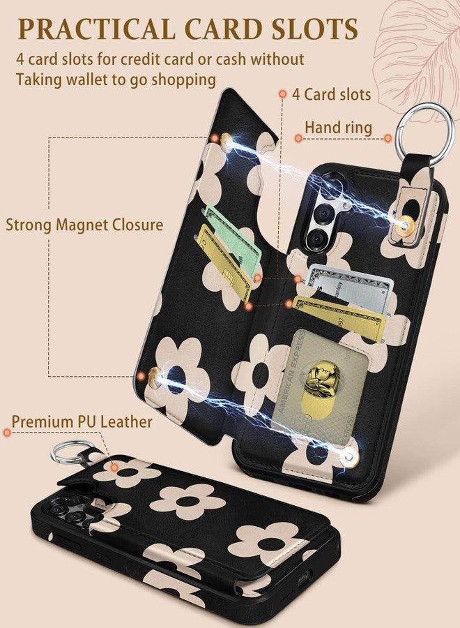 Shorogyt for Samsung Galaxy S24/for Samsung Galaxy S25 Wallet Case with Card Holder - Designer Black Flower Pattern Kickstand Magnetic Clasp Back Flip Folio Leather Phone Cases for S24 for Women Girls - Image 3