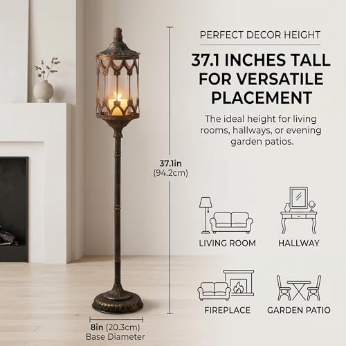 NOONEAU Vintage Floor Candelabra - 37.1" Tall Antique Gold Candle Holder with Glass Lantern, Rustic Gothic Metal Pillar Stand for Home Decor, Wedding & Event Centerpiece - Image 2
