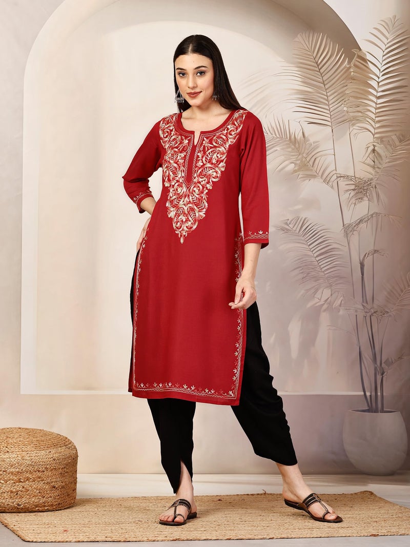 QAZMI Women's Kiara Kashmiri Aari Embroidered 3/4 Sleeves Keyhole Neck Viscose Rayon Red Straight Kurta - Image 3
