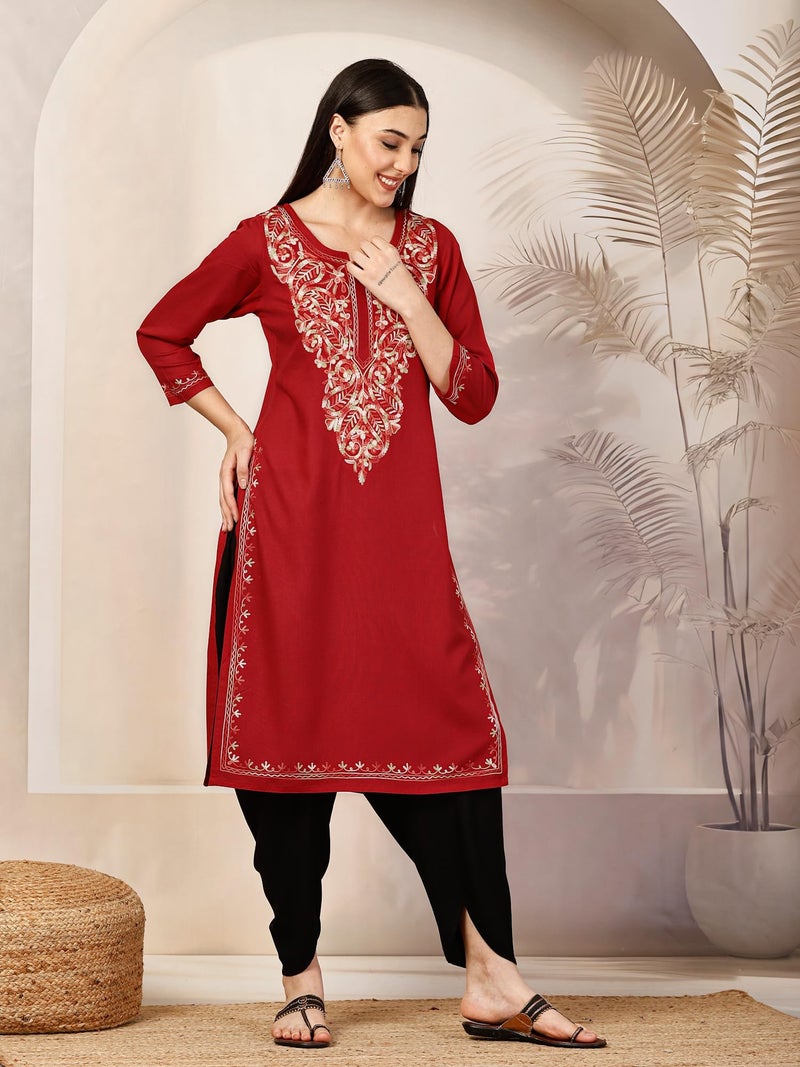 QAZMI Women's Kiara Kashmiri Aari Embroidered 3/4 Sleeves Keyhole Neck Viscose Rayon Red Straight Kurta - Image 2