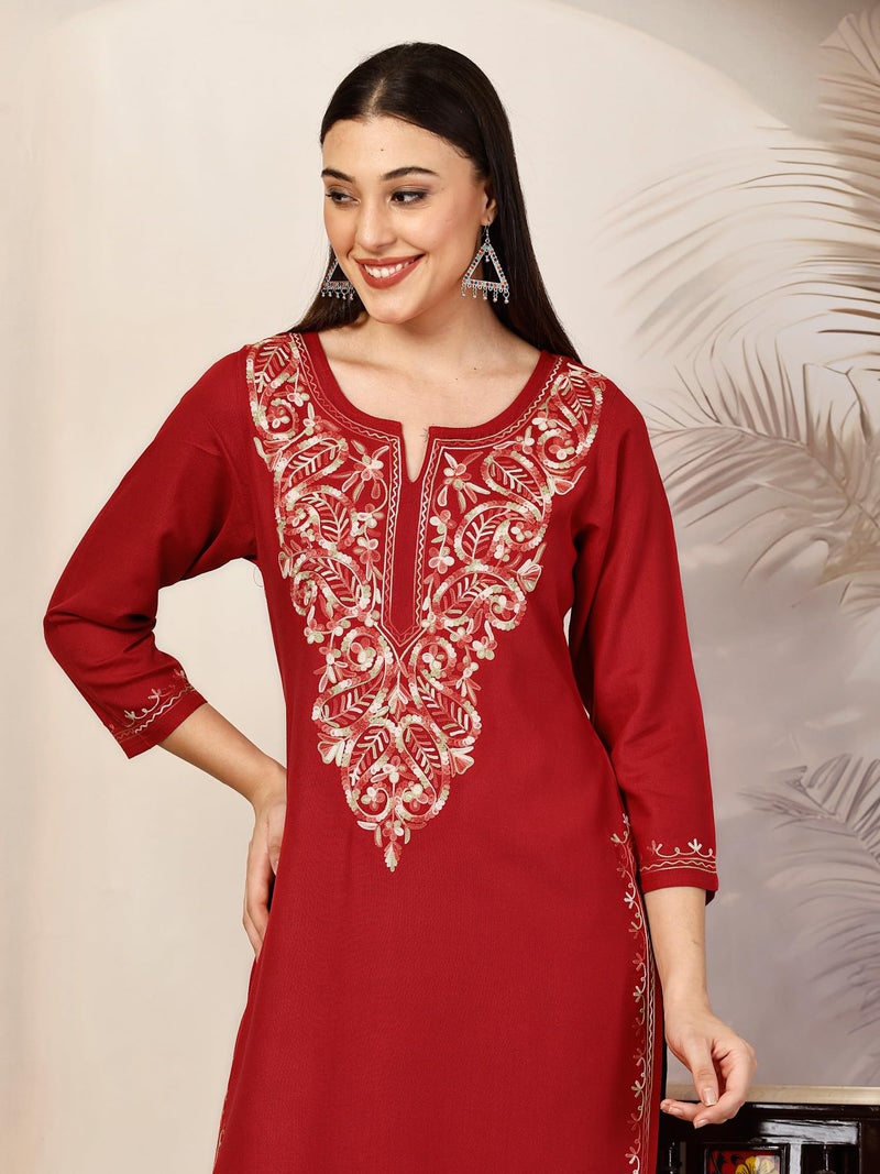 QAZMI Women's Kiara Kashmiri Aari Embroidered 3/4 Sleeves Keyhole Neck Viscose Rayon Red Straight Kurta - Image 5