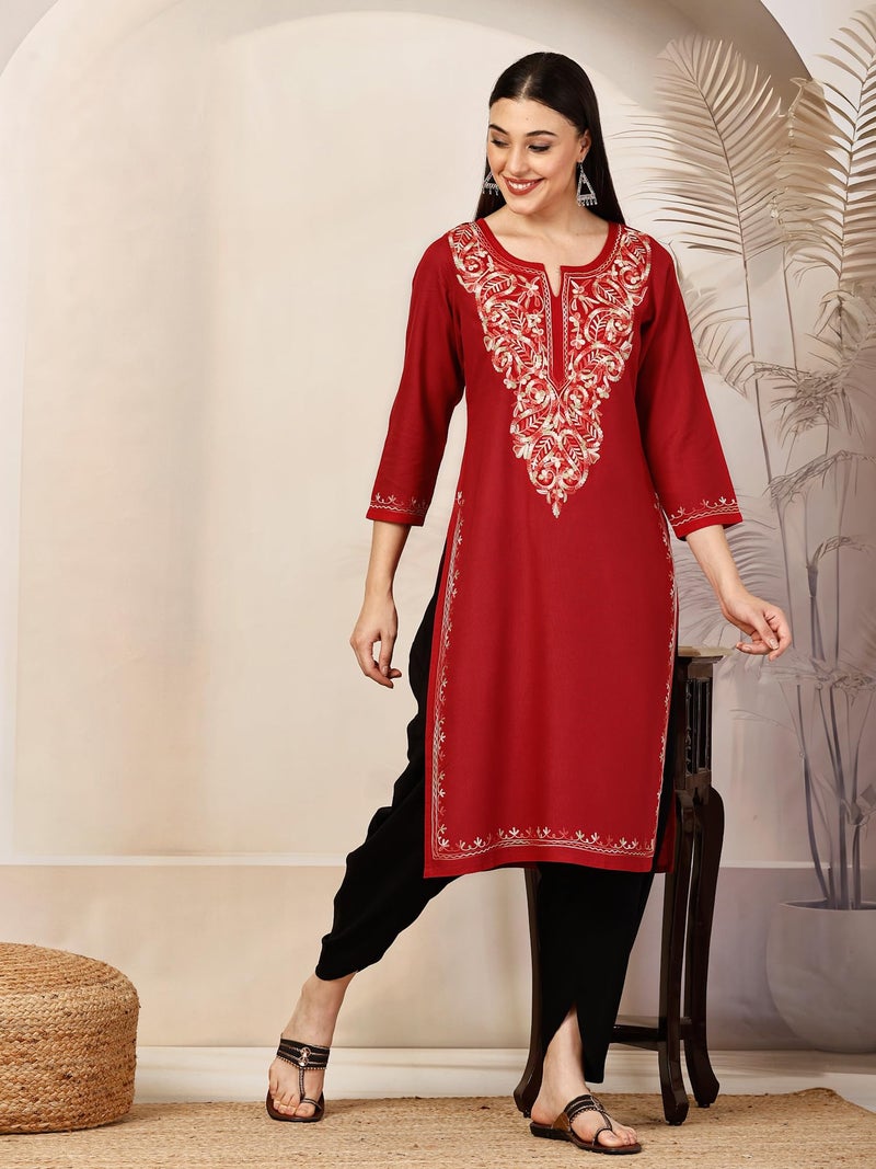 QAZMI Women's Kiara Kashmiri Aari Embroidered 3/4 Sleeves Keyhole Neck Viscose Rayon Red Straight Kurta - Image 4