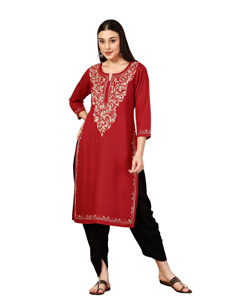 QAZMI Women's Kiara Kashmiri Aari Embroidered 3/4 Sleeves Keyhole Neck Viscose Rayon Red Straight Kurta - Image 1