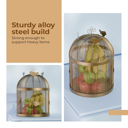 Lifelong Multipurpose Organizer for Fruits, Snacks & Dry |Golden Covered Fruit Basket with Lid | Premium Metal Storage Basket with Bird Design for Dining Table, Kitchen & Home Décor,Stylish Organizer - Image 2
