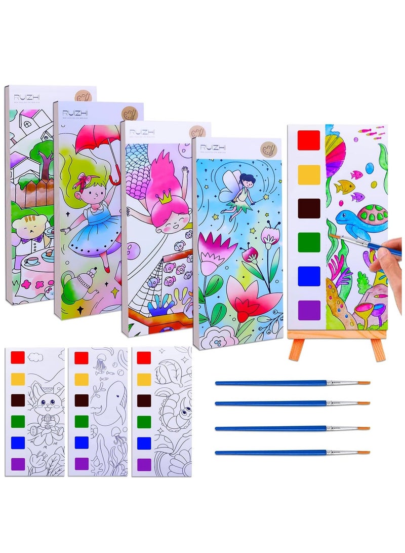 GUDOO 4 حزم من مجموعات الطلاء بالألوان المائية للأطفال، مجموعة طلاء مائية محمولة للسفر مع الألوان والفرش، فنون وحرف يدوية للبنات والأولاد، كتب طلاء بالألوان المائية للأطفال للتلوين بالألوان المائية للأطفال - Image 1