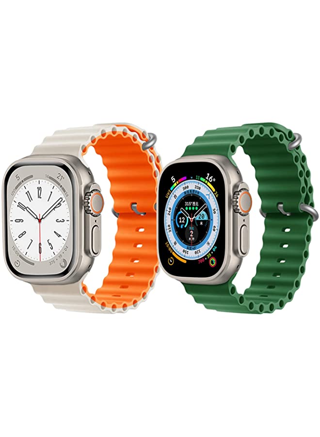IAF Silicone Ocean Band Strap for Apple Watch Ultra 8 49mm White/Orange Double Side Strap with Green Single Color Strap Set of 2