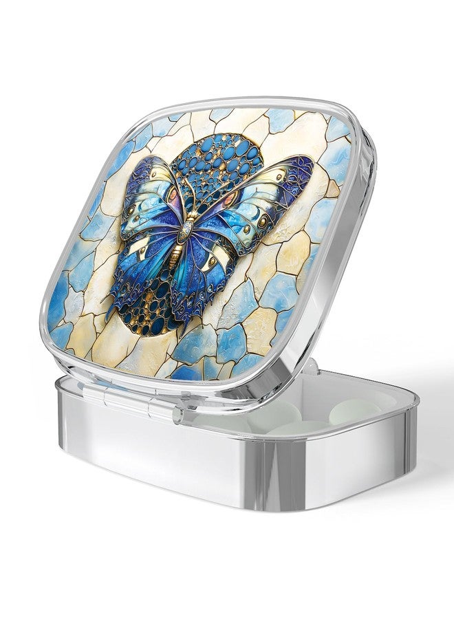 VANCANYOHO Pill Box, Small Pill Case for Purse & Pocket, Metal Decorative Pill Container, Cute Mini Portable Pill Holder to Hold Supplements, Vitamins, Fish Oil, BPA-Free(Blue Butterfly) - Image 1
