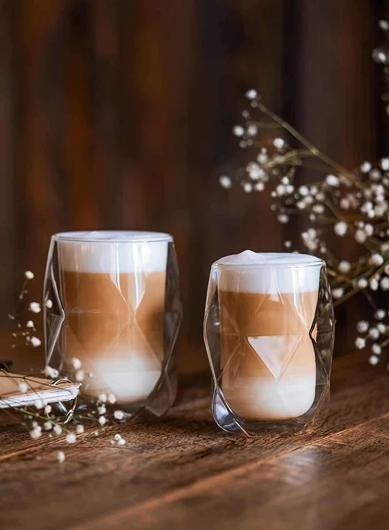 1Chase Double Wall insulated Diamond Shape Coffee Tea Cups, Borosilicate Glass Tea Cups For Coffee, Juice, Latte, Iced Tea And For Daily Use Set Of 2 350 ML